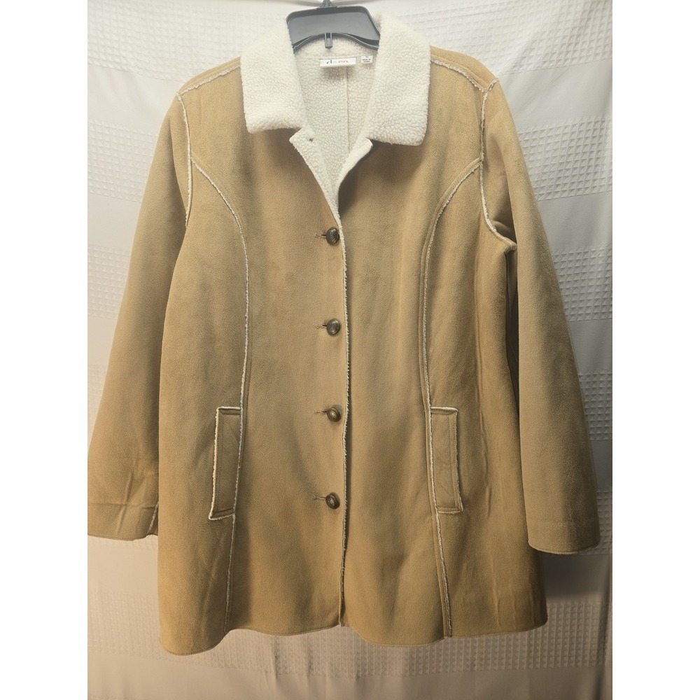 Denim & Co Sherpa Lined Faux Suede Jacket Brown Womens Medium Button Up